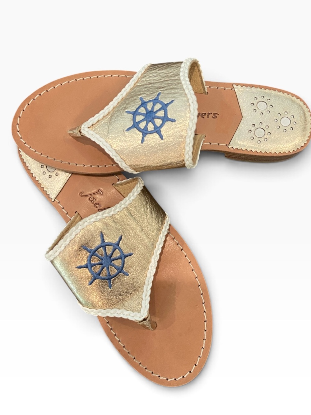 Jack Rogers. Size 7.5  Leather Thong Sandals with Blue ships Wheel Accent